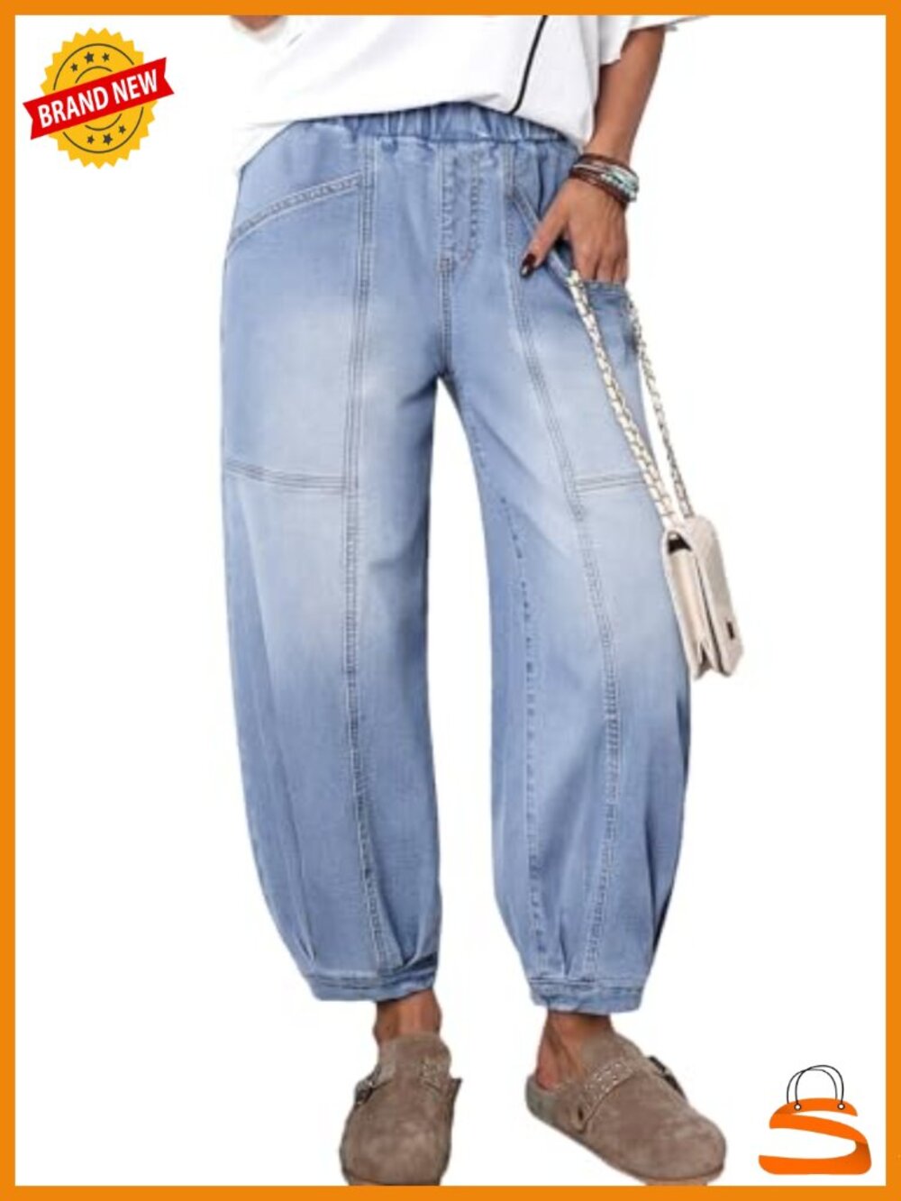 Wide Leg High Waisted Cropped Baggy Relax Fit Stretch Pocketed Denim Ankle Pants